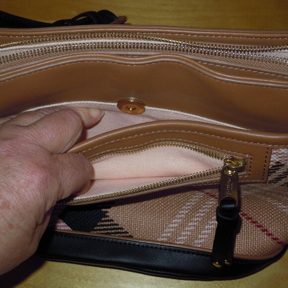 Spartina Pink & Black Plaid check Shoulder Hand Bag Purse Leather Linen NWT USA - Picture 12 of 12